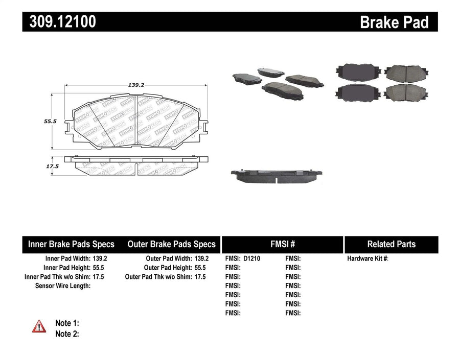 Sport Brake Pads StopTech 309.12100 with Shims and Hardware