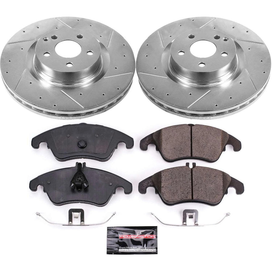 Power Stop K6207 Front Brake Pads Z23 Carbon Fiber with Drilled & Slotted Brake Rotors Kit and 1 Front Sensor Wire For Mercedes-Benz C250, Mercedes-Benz E550, Mercedes-Benz E550 [Model Specific]