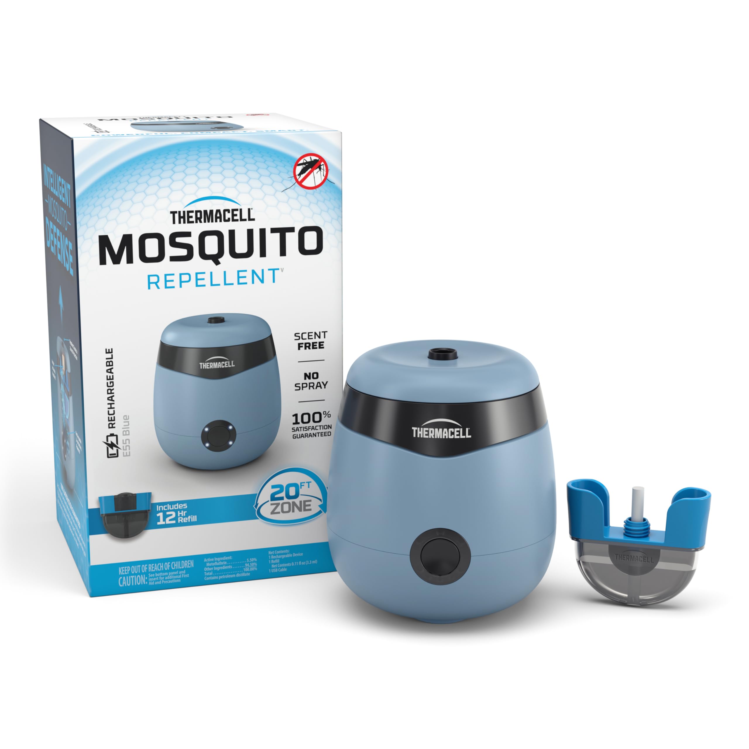 E-Series Thermacell E55 Rechargeable Mosquito Repeller with 20' Mosquito Protection Zone; Blue; Includes 12-Hr Repellent Refill; Bug Spray Alternative; Scent Free; No Candle or Flame