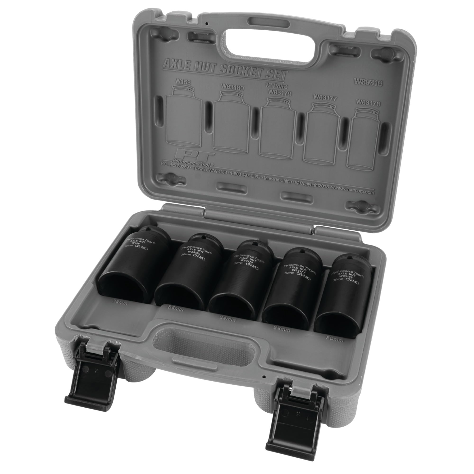 W89316 Performance Tool 5-Piece 12 Point Axle Nut Socket Set - Chrome Moly for Strength, Sizes 30mm to 39mm, Includes Fitted Blow Molded Storage Case