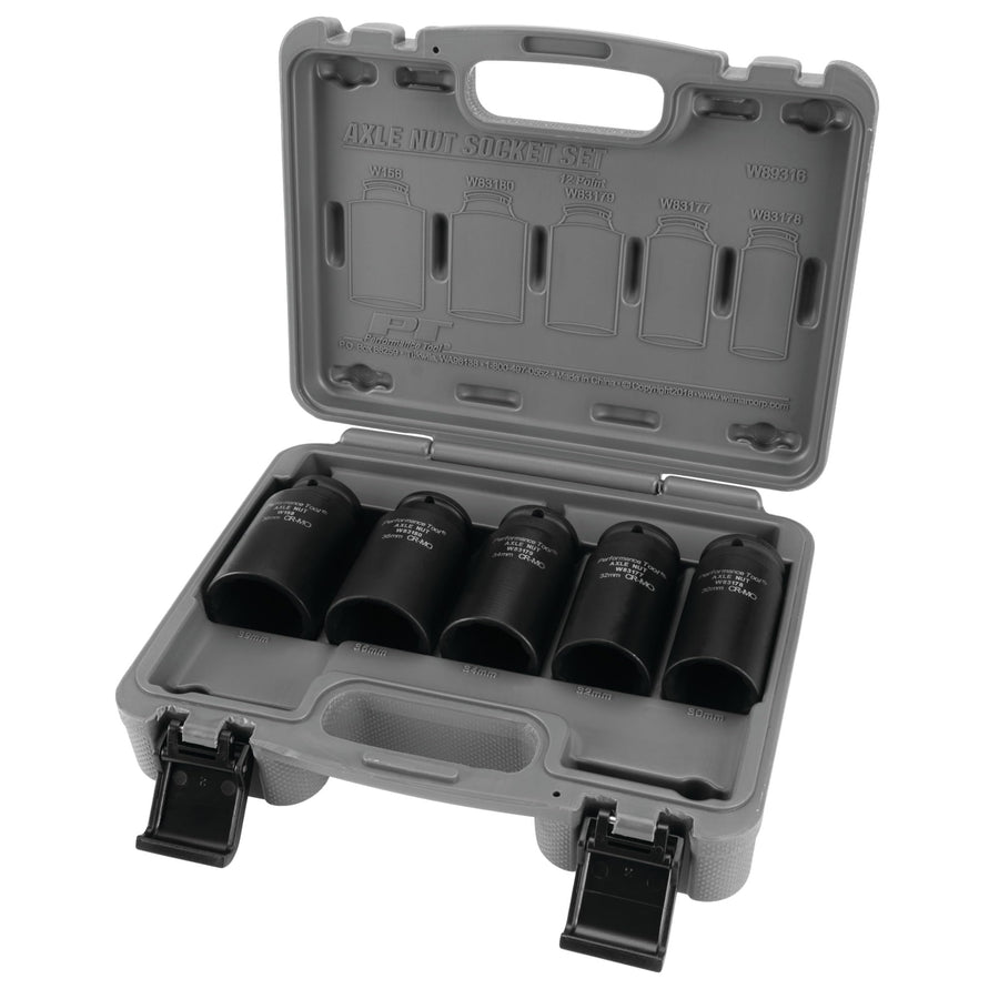 W89316 Performance Tool 5-Piece 12 Point Axle Nut Socket Set - Chrome Moly for Strength, Sizes 30mm to 39mm, Includes Fitted Blow Molded Storage Case