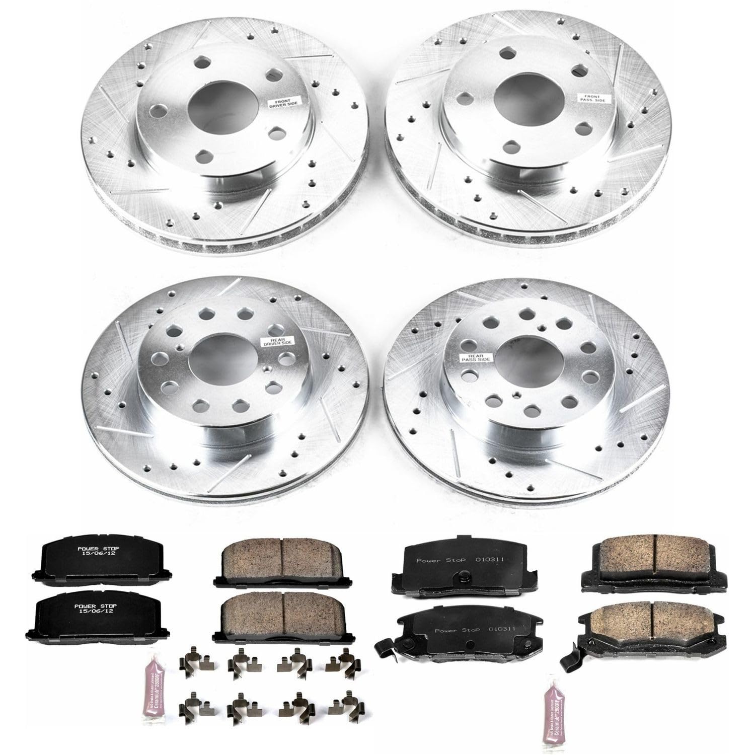 Power Stop K4342 Z23 Carbon Fiber Brake Pads Front and Rear with Drilled & Slotted Brake Rotors Kit For Toyota MR2 1991-1995 [Model Specific]