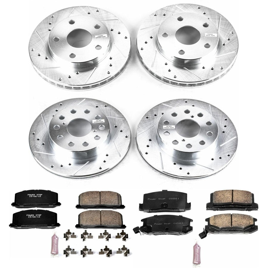 Power Stop K4342 Z23 Carbon Fiber Brake Pads Front and Rear with Drilled & Slotted Brake Rotors Kit For Toyota MR2 1991-1995 [Model Specific]