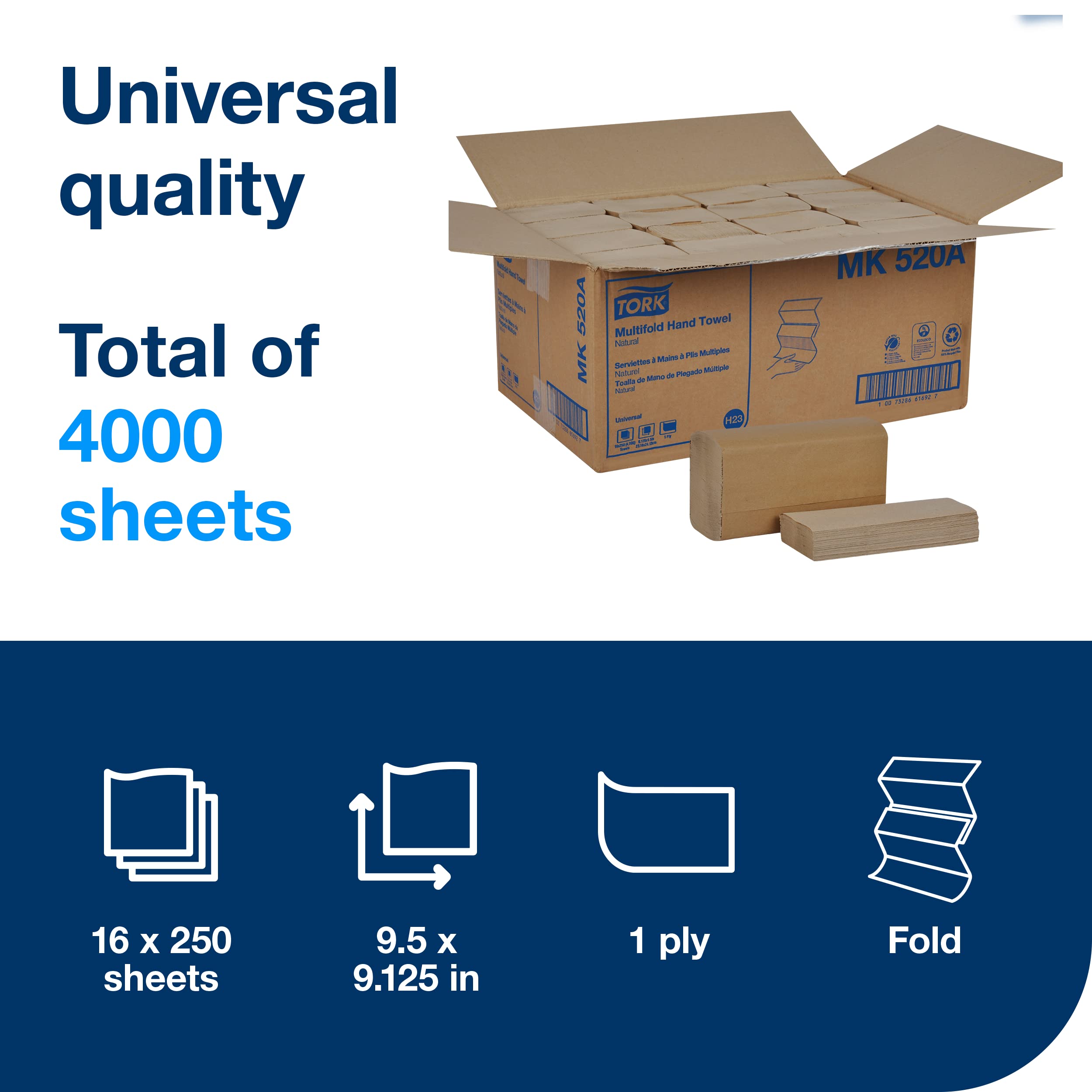 Tork Hand Towel Multifold, Natural, 100% recycled, FSC certified, Compatible with H2 Dispensers, 16 packs x 250 sheets (MK520A)