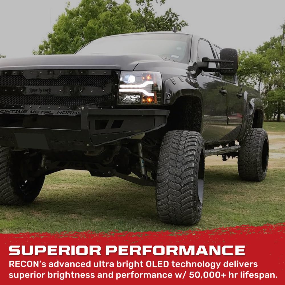Fits Chevy 2007-2013 Silverado 1500/2500/3500 RECON Projector Headlights OLED Halos & DRL - Smoked Lens (SMOKED)