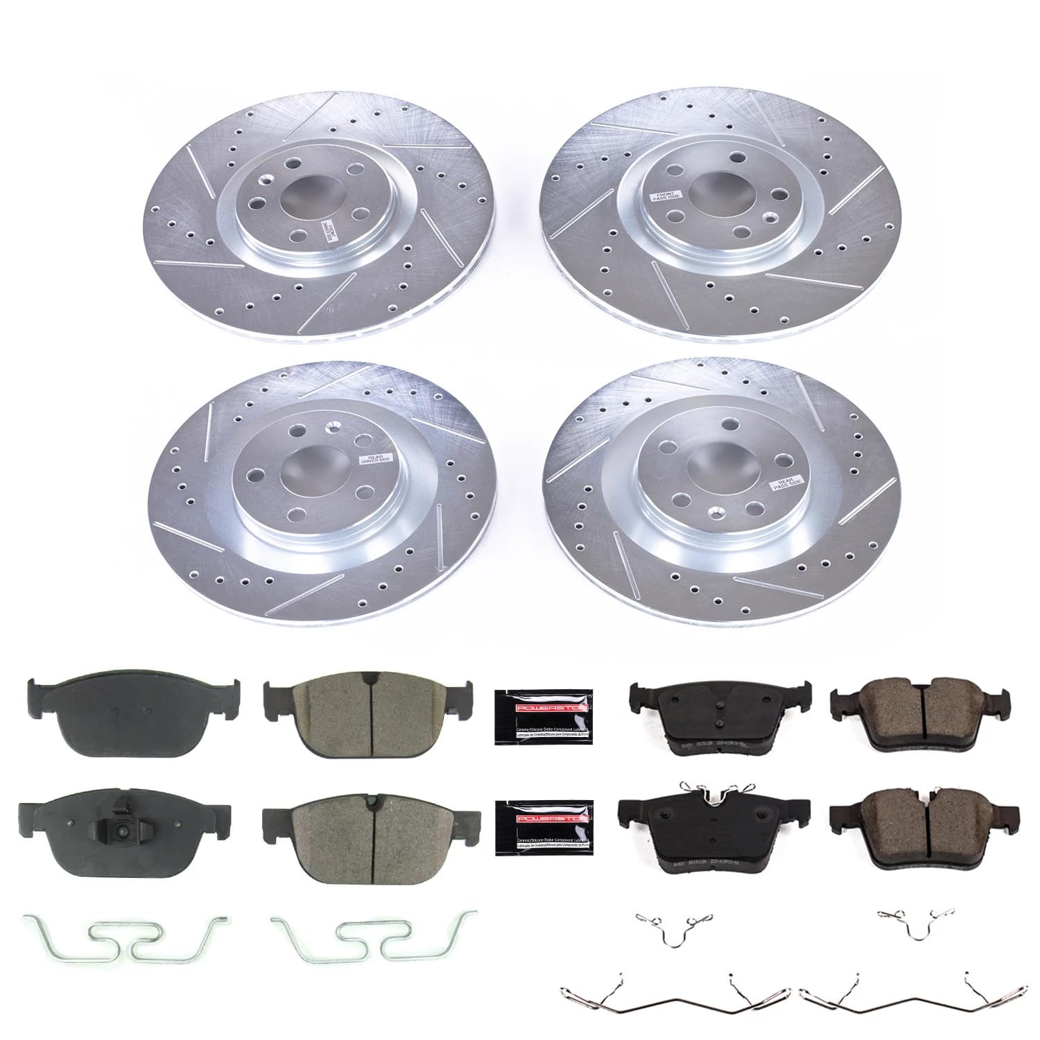 PowerStop Brake Kit Front & Rear For 2019-2025 Volvo S60, 2017-2024 S90, V90 2018-2021, V90 Cross Country 2017-2025 - Drilled and Slotted Disc Rotors with Ceramic Brake Pads Replacement, K7644