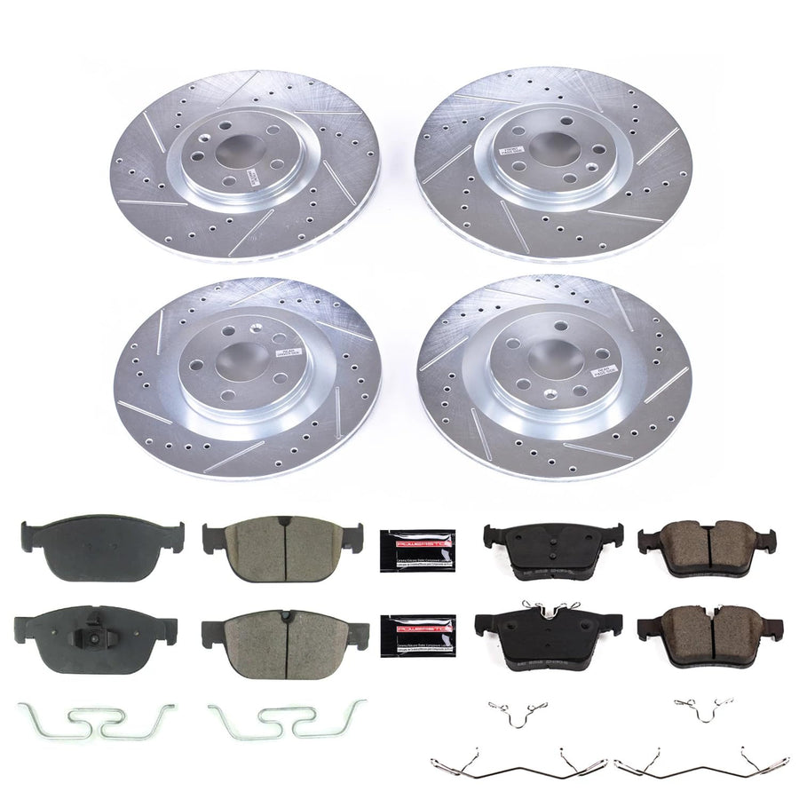 PowerStop Brake Kit Front & Rear For 2019-2025 Volvo S60, 2017-2024 S90, V90 2018-2021, V90 Cross Country 2017-2025 - Drilled and Slotted Disc Rotors with Ceramic Brake Pads Replacement, K7644