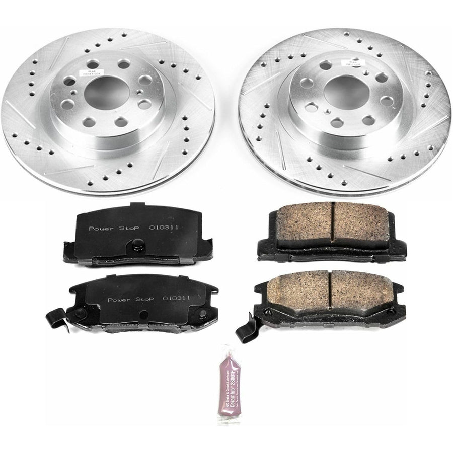 Power Stop K3161 Rear Brake Pads Z23 Carbon Fiber with Drilled & Slotted Brake Rotors Kit For Toyota MR2 Spyder 2000-2005 [Model Specific]