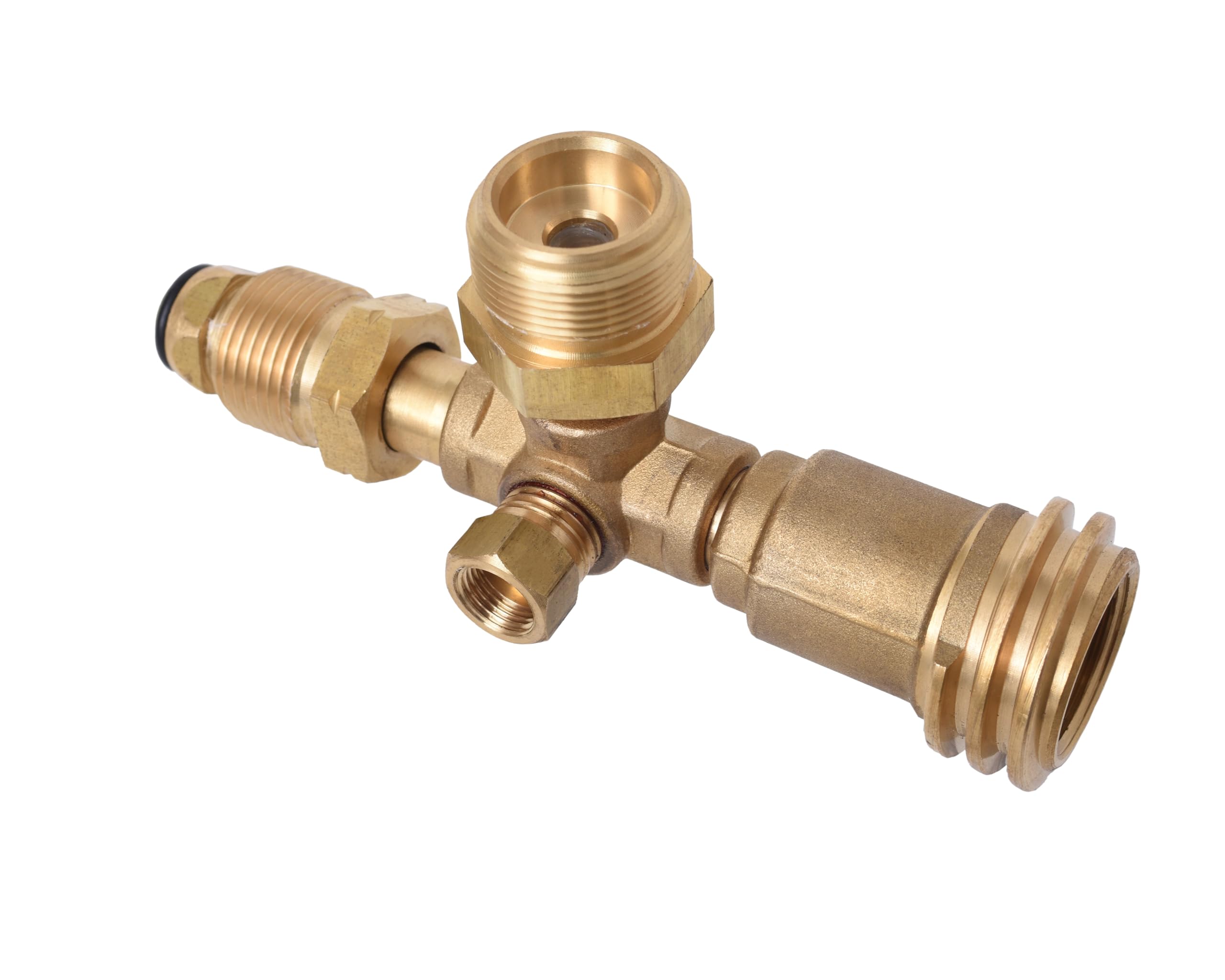 Flame King Brass Tee 4 Port Propane Adapter POL Inlet, 1/4 Inverted Female Flare Inlet, QCC Outlet, CGA600 Outlet (RV-COMBO1)