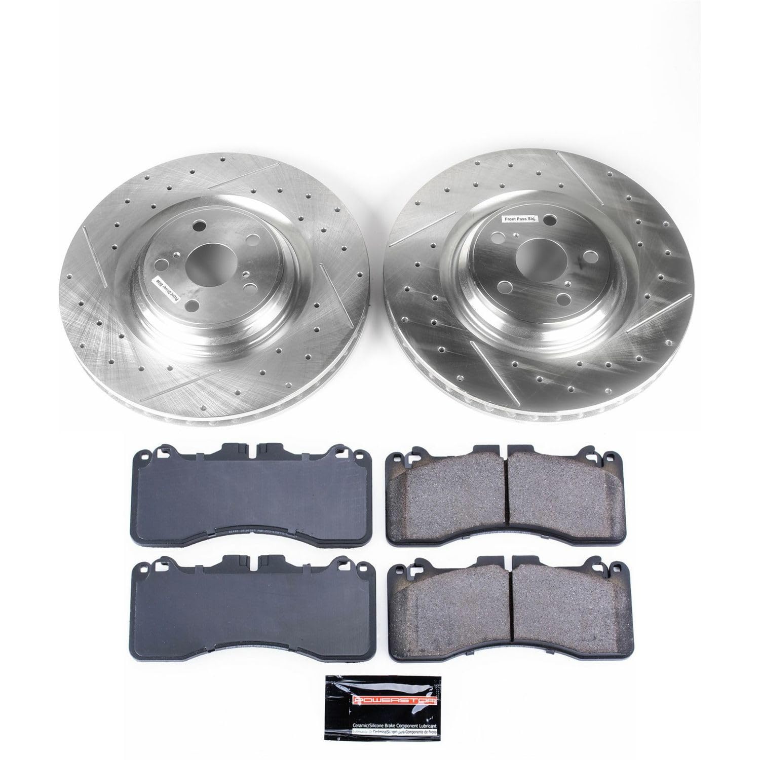 Power Stop K5849 Z23 Front Carbon Fiber Brake Pads with Drilled & Slotted Brake Rotors Kit For Lexus LS460 2010-2017 [Model Specific]
