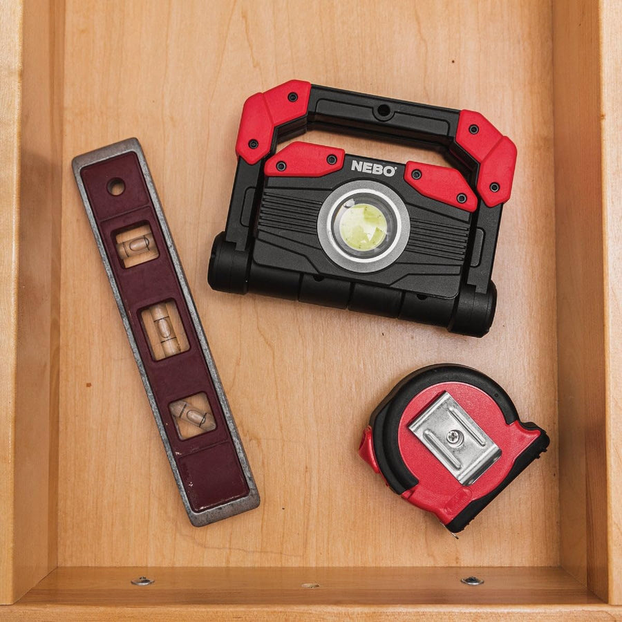 OMNI 2K NEBO Rechargeable Work Light | 2000 Lumens COB, 6 Light Modes, Rotating Magnetic Handles, Built-In Power Bank, Water Resistant, Portable Camping Lantern, Includes USB-C Charging Cable