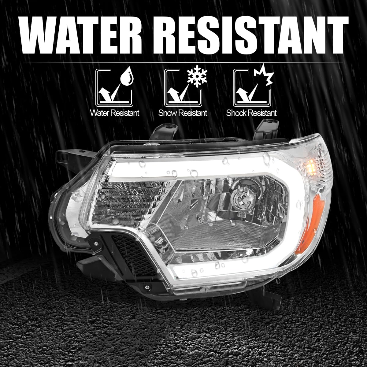 Chrome Headlights w/LED Strip SPEC-D TUNING Compatible with 2012-2015 Toyota Tacoma, Left + Right Pair Headlamp Assembly