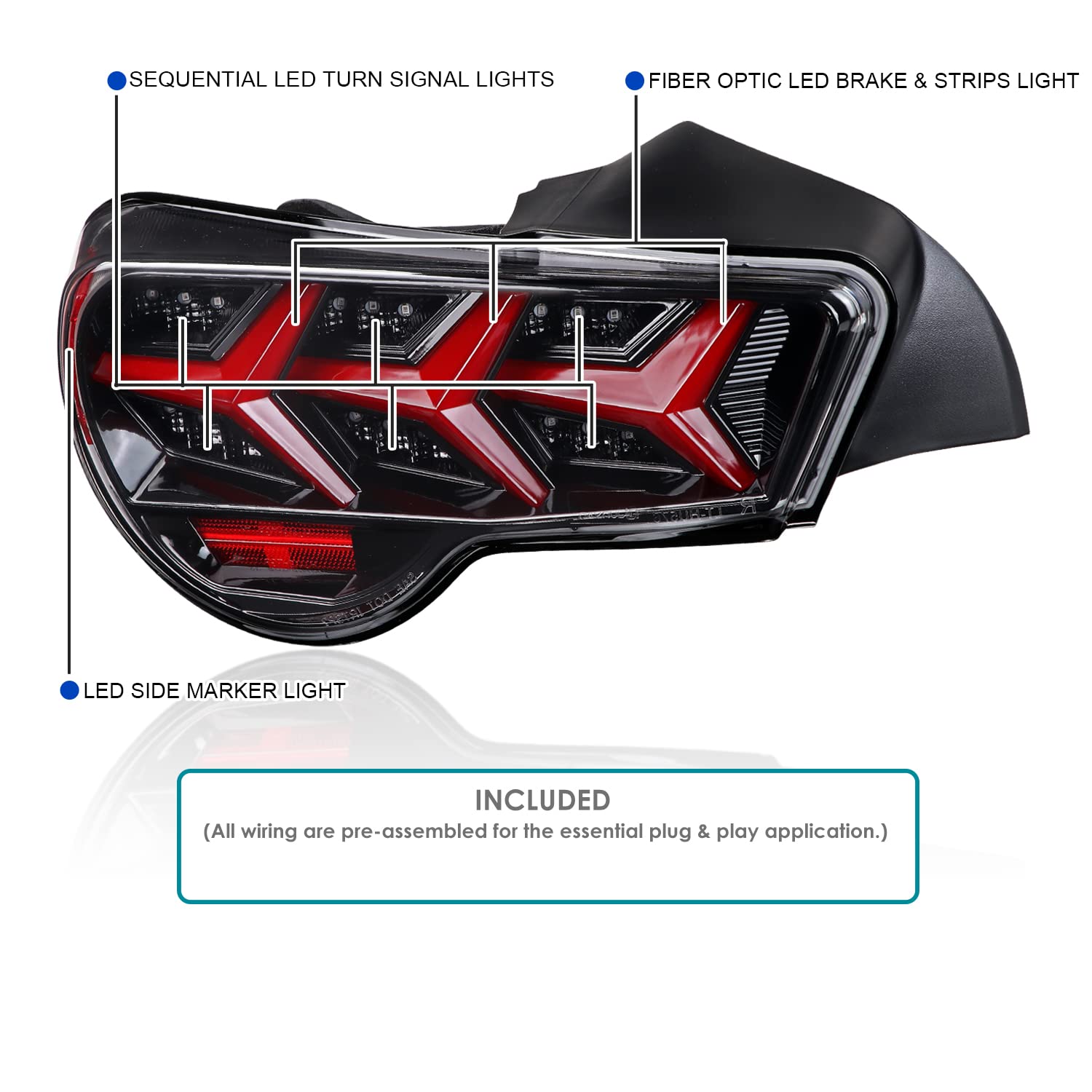 Jet Black LED Tail Lights+Sequential LED Signal SPEC-D TUNING Compatible with 2013-2016 Scion FR-S, 2013-2016 Subaru BRZ, Left + Right Pair Assembly