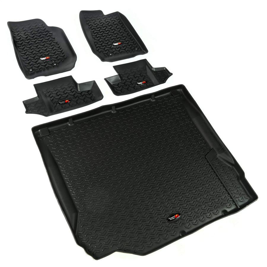 Rugged Ridge Floor Liner Set for Jeep JK Wrangler | Front/Rear/Cargo, 5-Piece Set, All-Terrain, Black | 12988.02 | Fits 2007-2010 Jeep Wrangler JK 2-Door
