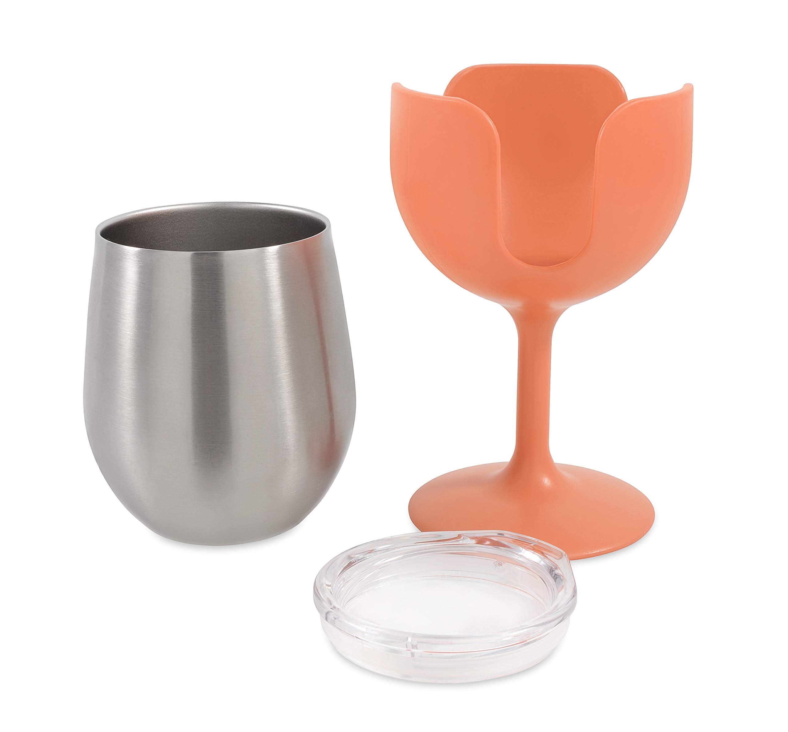 Camco Wine Tumbler Life is Better at The Campsite | Heavy Duty Double Wall Vacuum Insulation | Crafted of 18/8 Stainless Steel | Features Removable Navy & Peach Stems | 2-Pk, 8-oz/Each (51917)