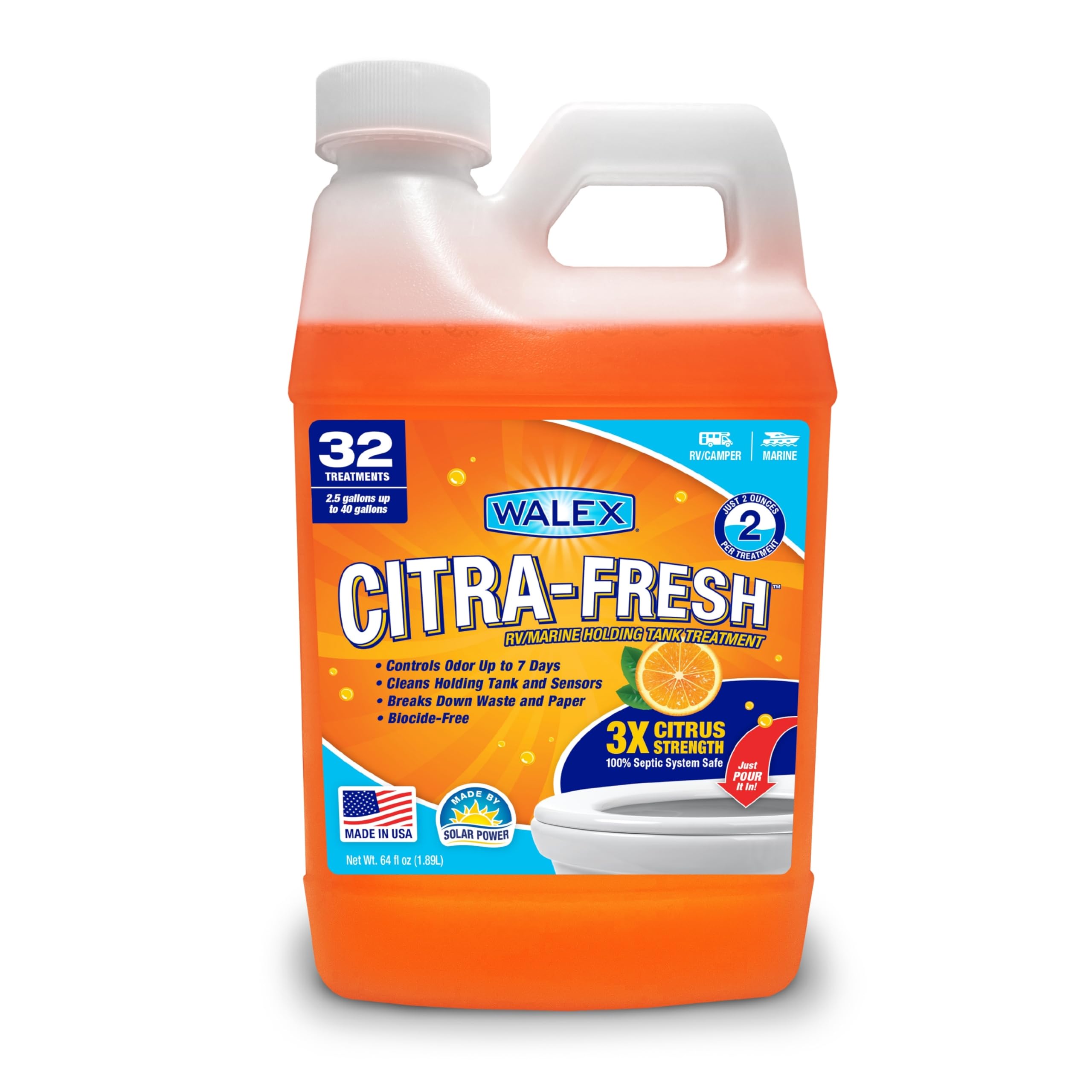 Citra-Fresh Walex Liquid Holding Tank Treatment for RV, Camper & Marine - Black Water Tank Deodorizer for Rapid Breakdown of Waste & Toilet Paper, Biocide-Free, Septic Tank Safe, 64oz