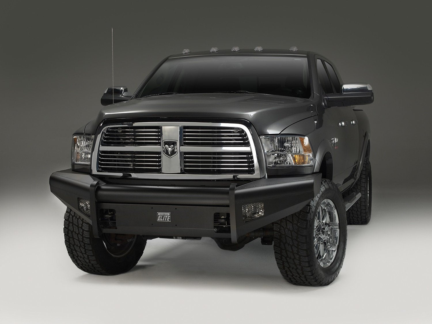Fab Fours Elite Front Bumper DR06-Q1161-1 2 Stage Black Powder Coated w/o Full Grill Guard Incl. Light Cut-Outs
