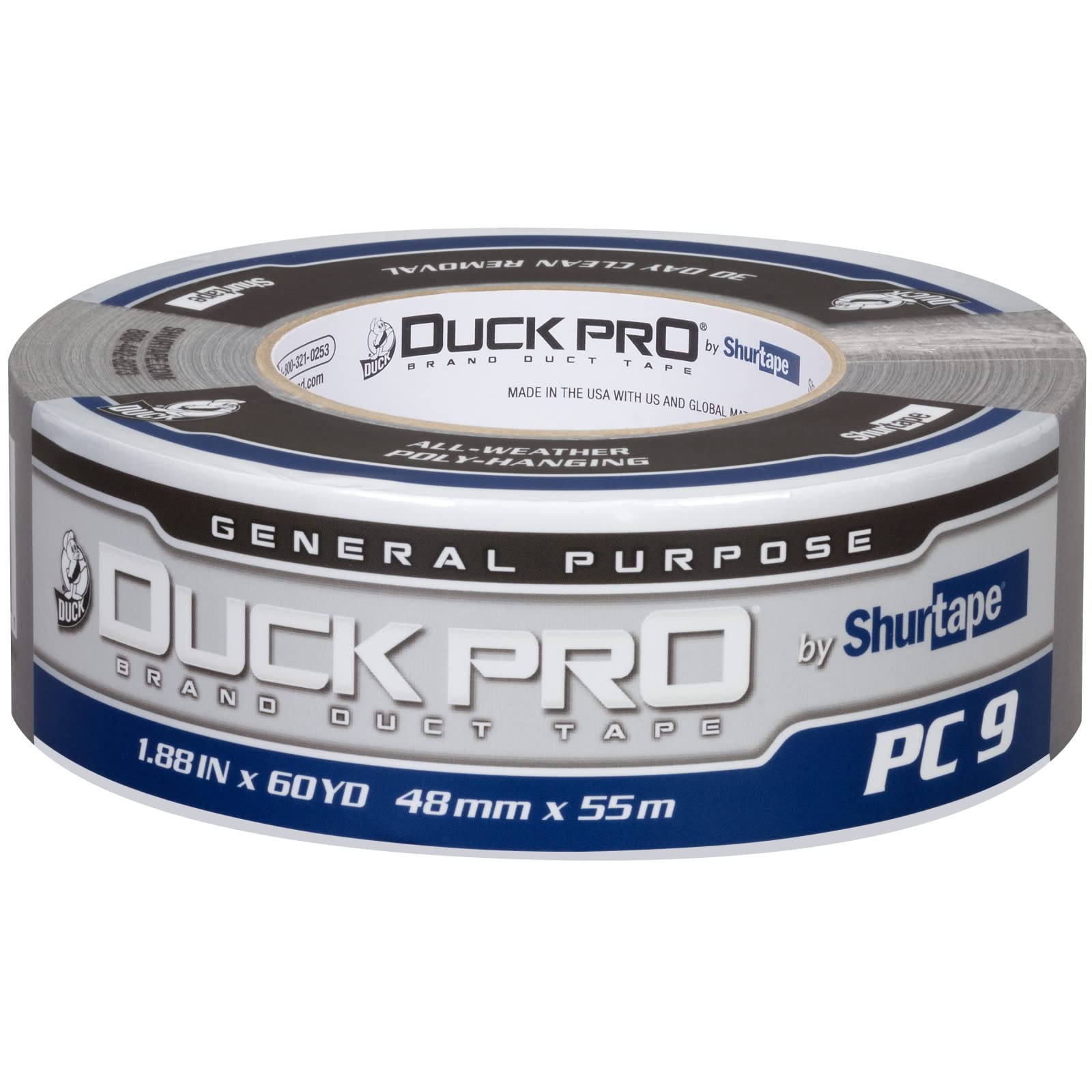 Shurtape Duck Pro Contractor Grade, Co-Extruded Cloth Duct Tape for Sealing, Seaming, Repair and Remodel, 48mm x 60yd, 10.0 mil, Silver, 1 Roll (105450)