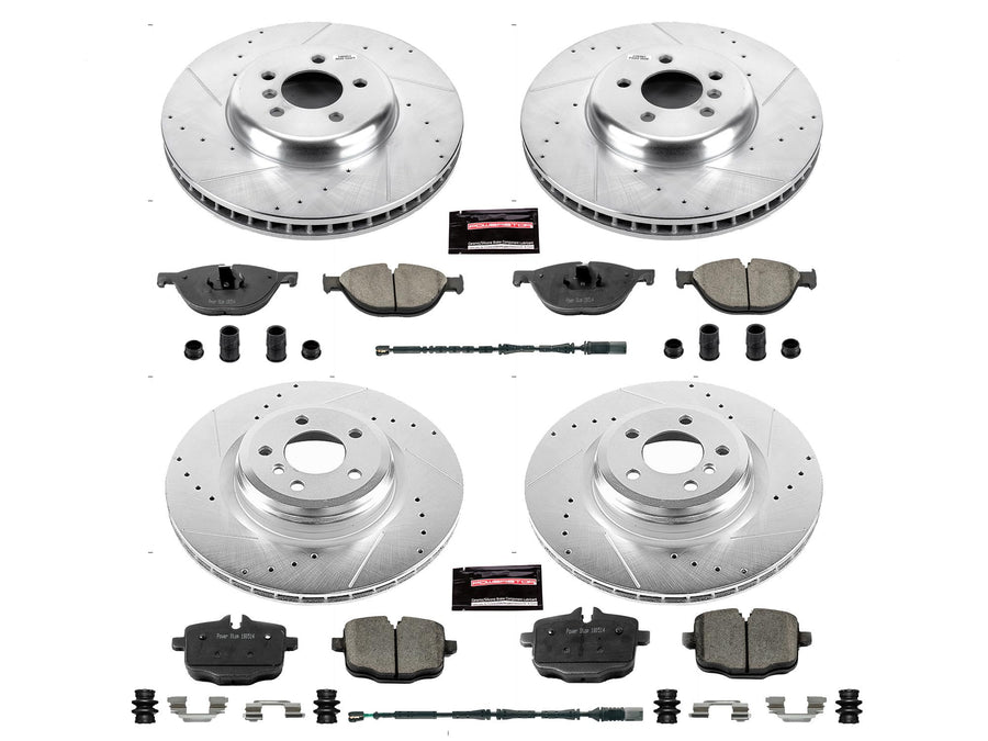 Power Stop K6415 Z23 Carbon Fiber Brake Pads Front and Rear with Drilled & Slotted Brake Rotors Kit and 1 Front & 1 Rear Sensor Wires For BMW 550i GT, BMW 550i GT xDrive [Model Specific]
