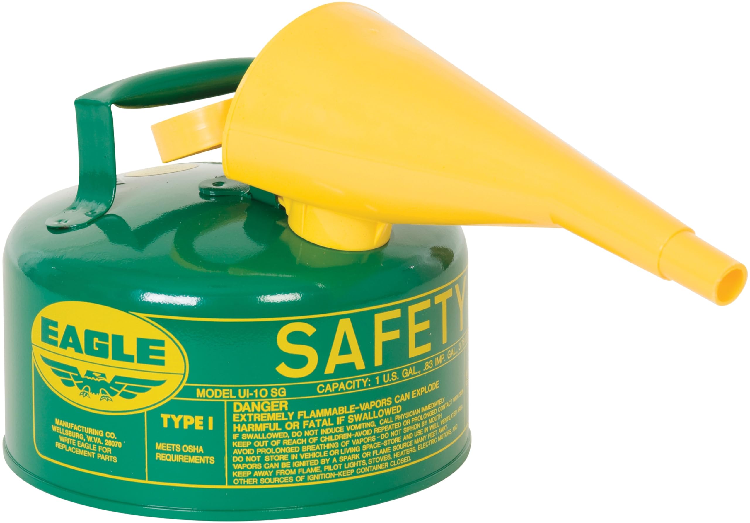 Eagle 1 Gallon Green Type I Safety Gas Can for Oil and Other Combustibles with Flame Arrester, Self-Closing Lid, and F-15 Funnel, Made in the USA, Galvanized Steel Flammable Storage Can, UI10FSG