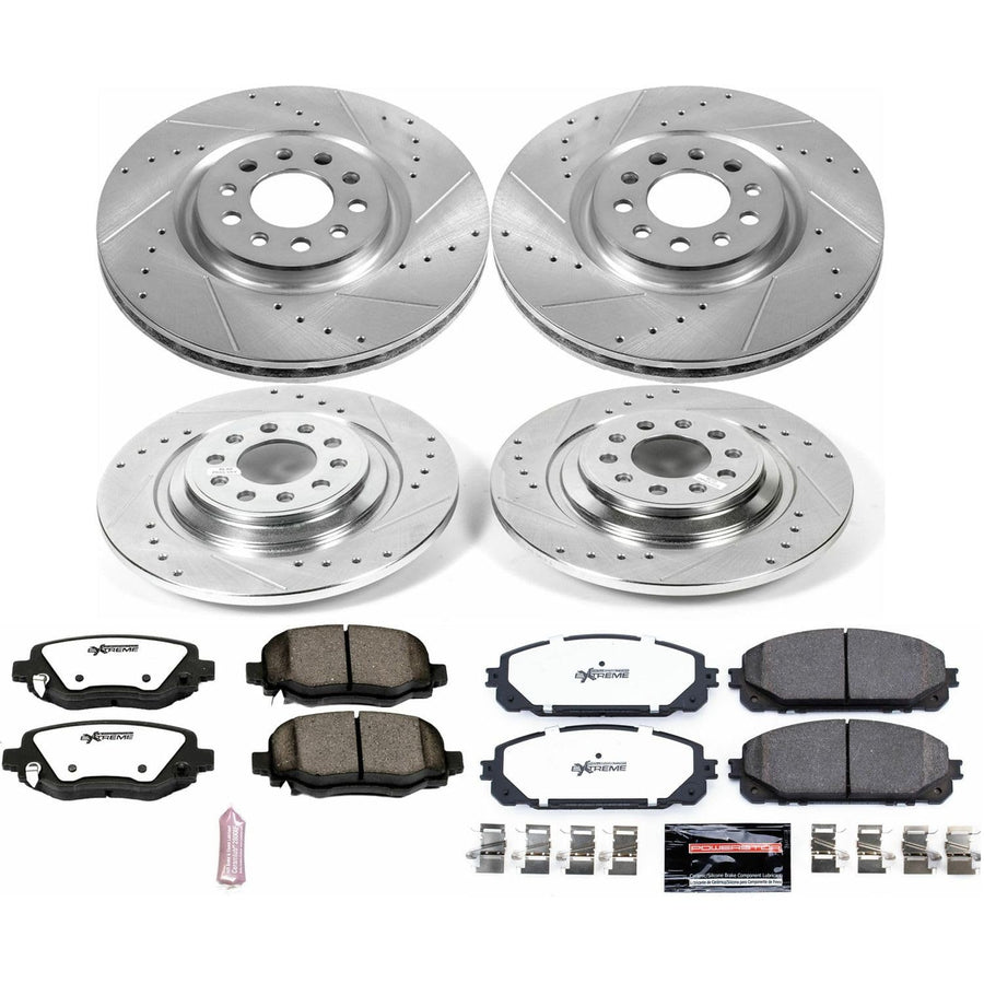 Power Stop Brake Kit Front and Rear For 2016 2017 2018 2019 2020 2021 2022 2023 Jeep Cherokee - Truck & Tow Carbon Fiber Ceramic Pads & Drilled and Slotted Rotors Replacement, K7415-36