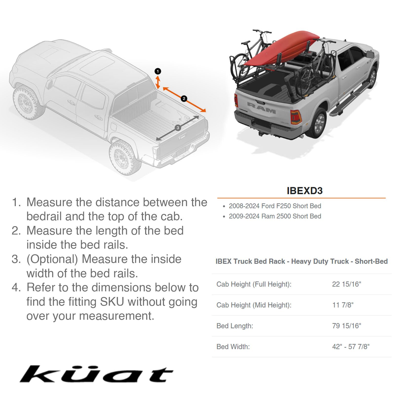 Kuat Ibex Adjustable Durable Lightweight Aluminum Truck Bed Rack - Stainless Steel Hardware Included | 1,200 LBS Static & 300 LBS Dynamic Weight Capacity, IBEXD3 - Heavy Duty - Short-Bed