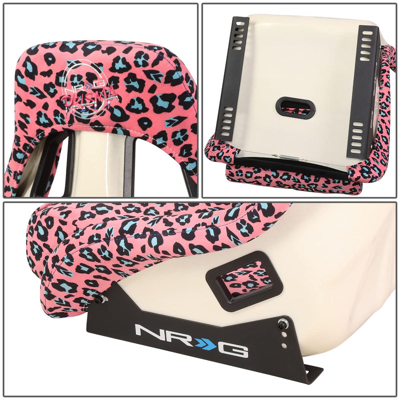 NRG Innovations Prisma FRP-302-PK-SAVAGE Fixed Back Bucket Racing Seat with Bottom Mount Bracket, Pink Savage Cheetah/White Pearl Back