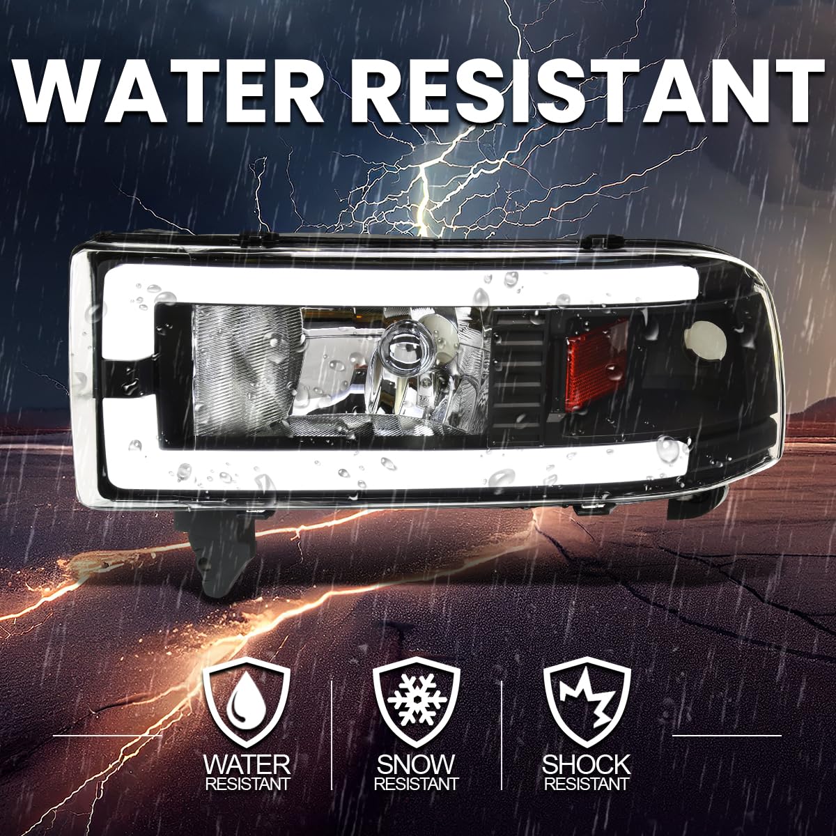 Black Headlights w/LED Tube SPEC-D TUNING Compatible with 1994-2001 Dodge Ram 1500, 2500, 3500, Left + Right Pair Headlamps Assembly