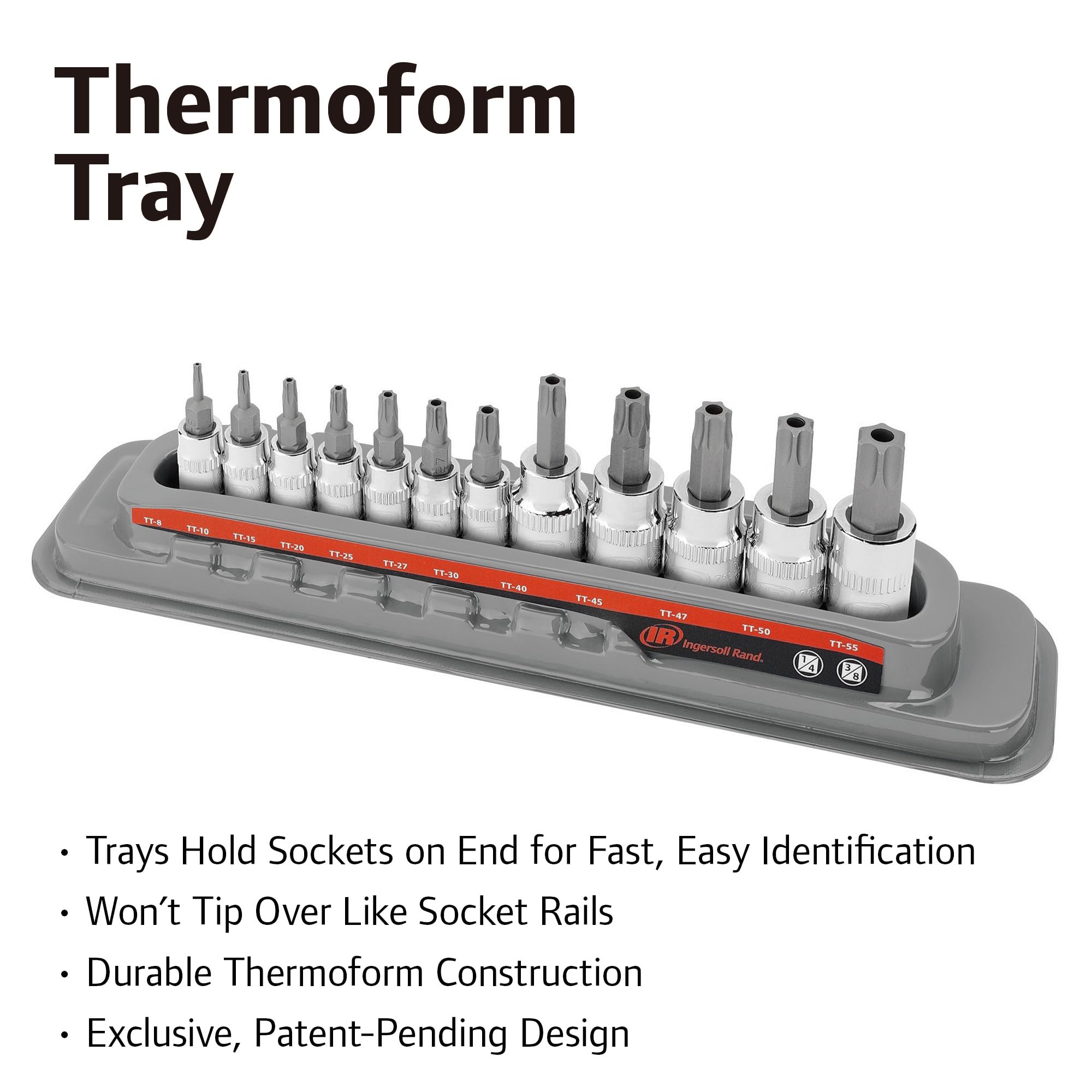 12-Piece Ingersoll Rand Tamper-Proof Torx Bit Socket Set – 1/4" Drive (TT8–TT30) & 3/8" Drive (TT40–TT55), Industrial-Grade S2 Steel, Mirror-Polished Chrome Vanadium Sockets, Thermoform Tray – 752031