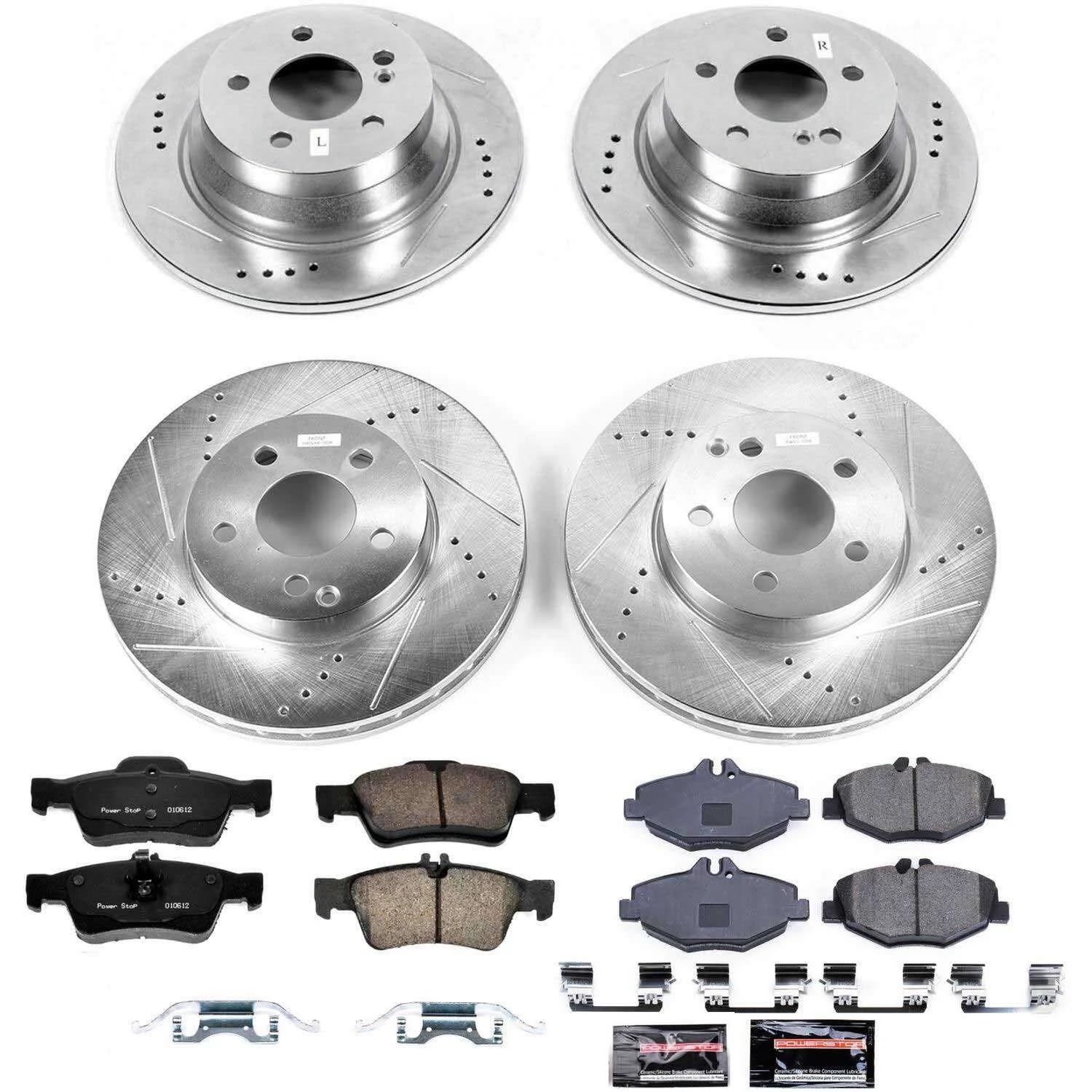 Power Stop K4514 Z23 Carbon Fiber Brake Pads Front and Rear with Drilled & Slotted Brake Rotors Kit and 2 Front & 2 Rear Sensor Wires For Mercedes-Benz E320, Mercedes-Benz E320 [Model Specific]