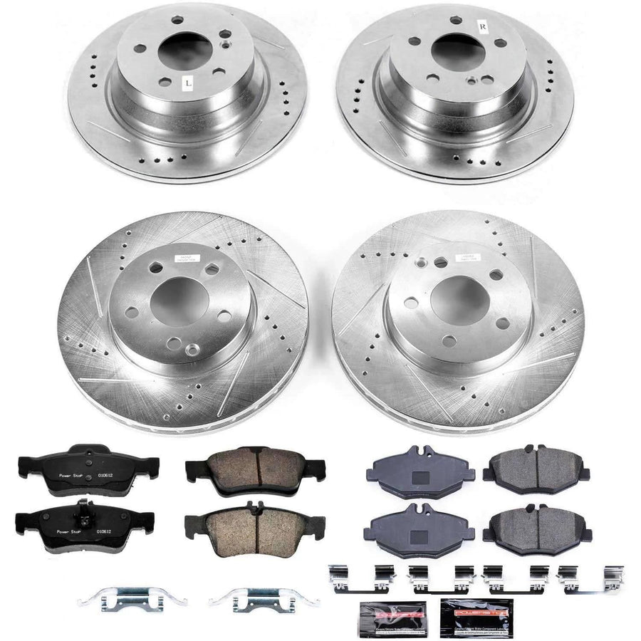 Power Stop K4514 Z23 Carbon Fiber Brake Pads Front and Rear with Drilled & Slotted Brake Rotors Kit and 2 Front & 2 Rear Sensor Wires For Mercedes-Benz E320, Mercedes-Benz E320 [Model Specific]