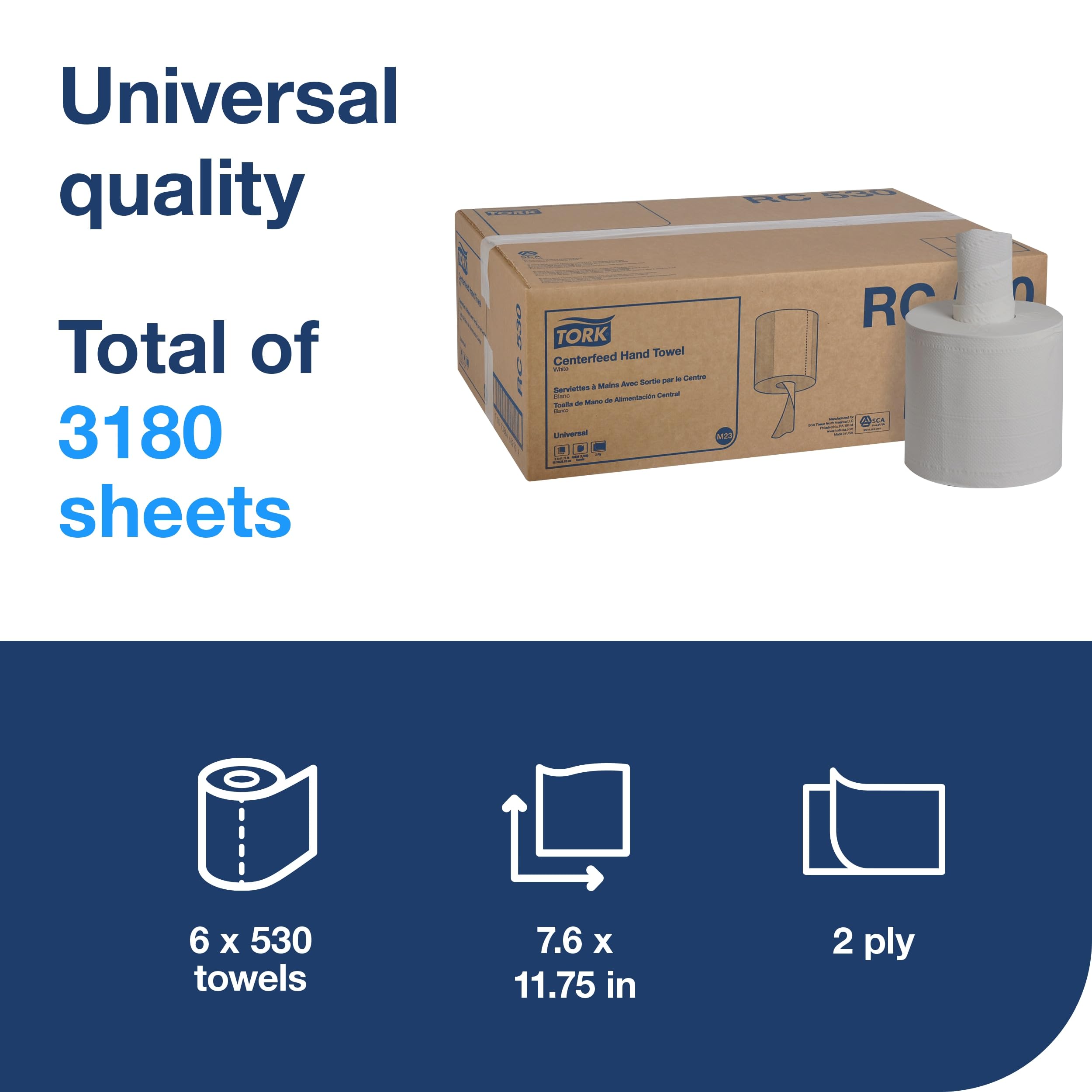 Tork Hand Towel Centerfeed White One-at-a-time Dispensing, M23 Compatible 6 Rolls x 530 Sheets (RC530)