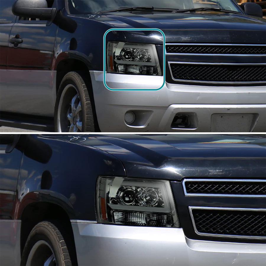 Smoke LED Light Bar Projector Headlights SPEC-D TUNING Compatible with 2007-2014 Chevy Avalanche, Tahoe, Suburban, Left + Right Pair Headlamps Assembly