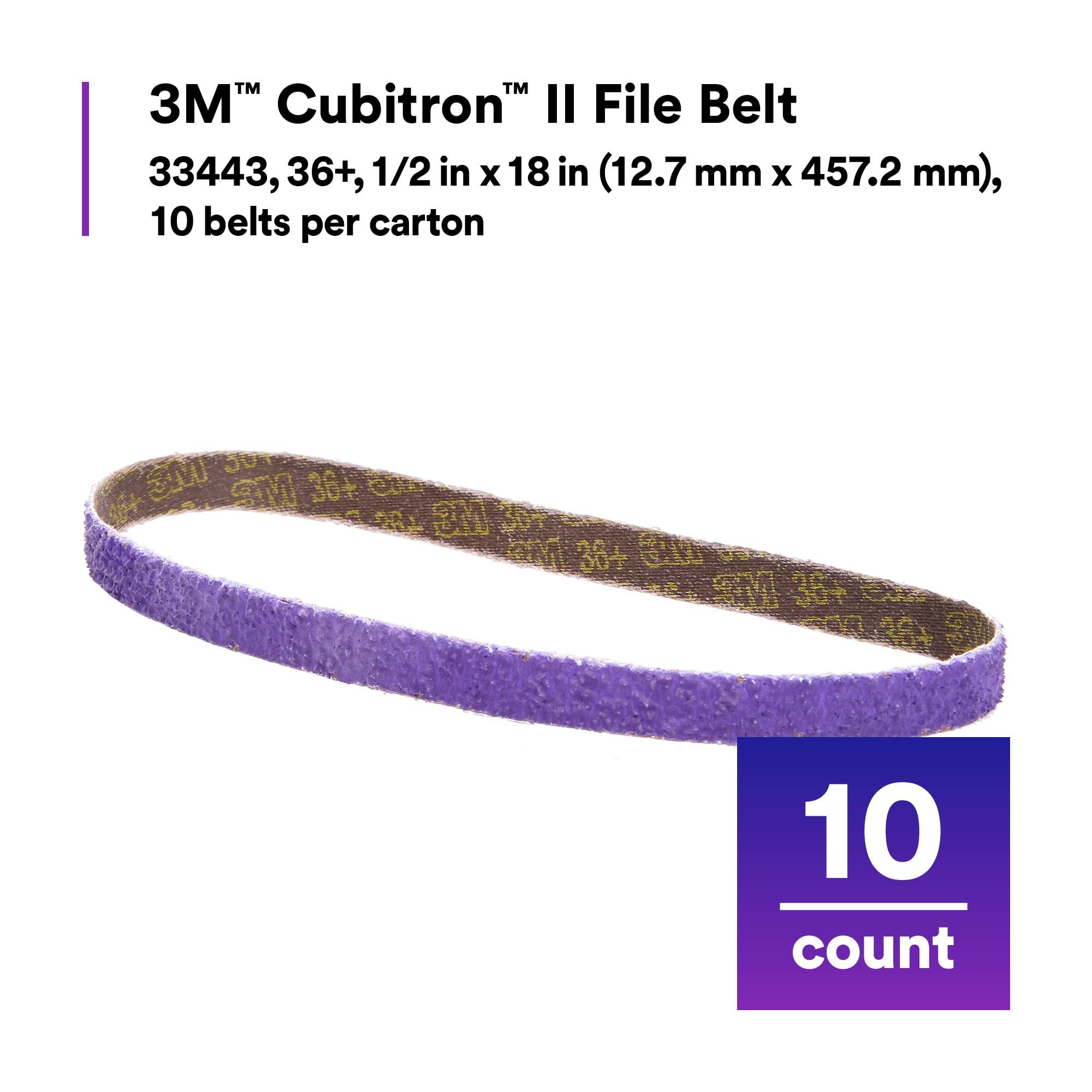Cubitron II 3M File Belt, 33445, 60+ Grit, 1/2 in x 18 in, Pack of 10 File Belts, Resin Bonded, Spot Weld Removal