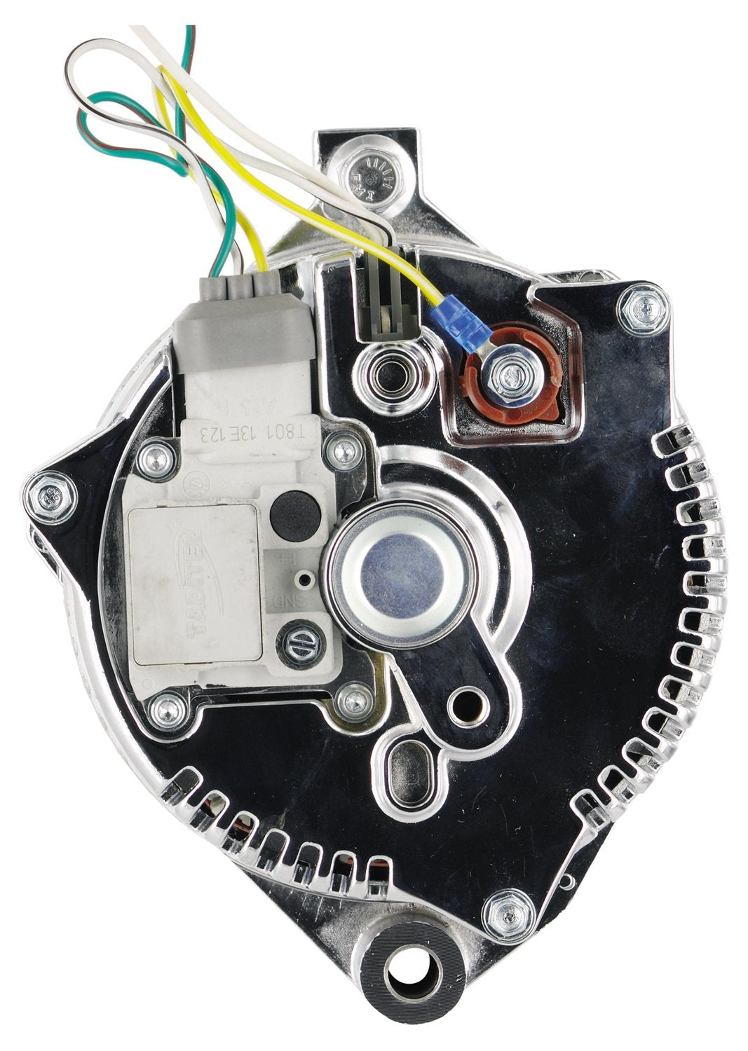 Alt Ford Powermaster 3G Chrome 200A 6 grv & 1V Pulley Large Frame Str MTG Threaded MTG Ear w/Reg Adapter Harness
