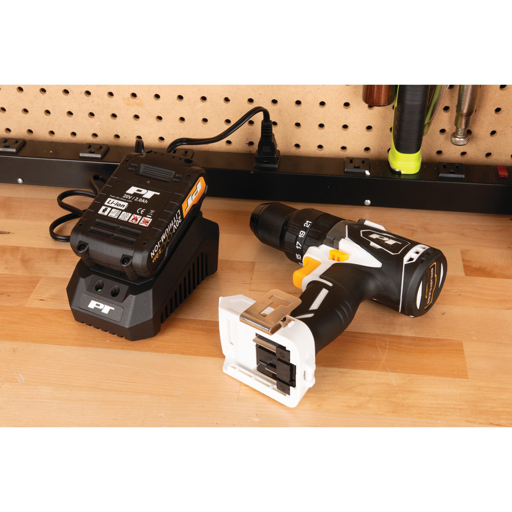 20V Li-Ion Performance Tool W7722 1/2-in Brushless Hammer Drill: 708 in-lb Torque, 2-Speed, Keyless Chuck, 20V, USB-C Quick Charge, Built-In Hook, Storage Case, Black/White