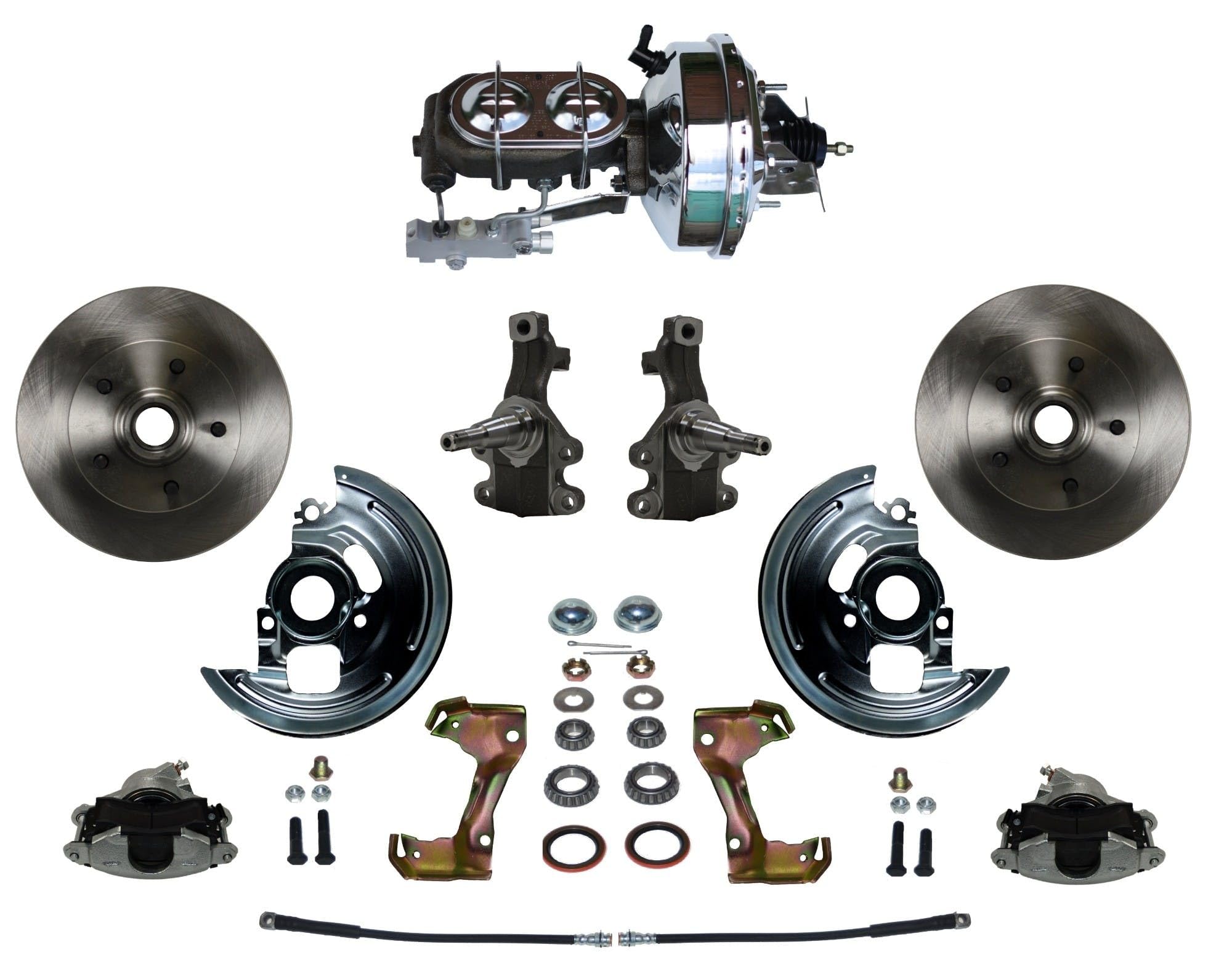 Power LEED BRAKES Front Disc Brake Conversion Kit 2" Drop Spindle With 9" Chrome Booster Cast Iron Chrome Top M/C Disc/Drum Side Mount