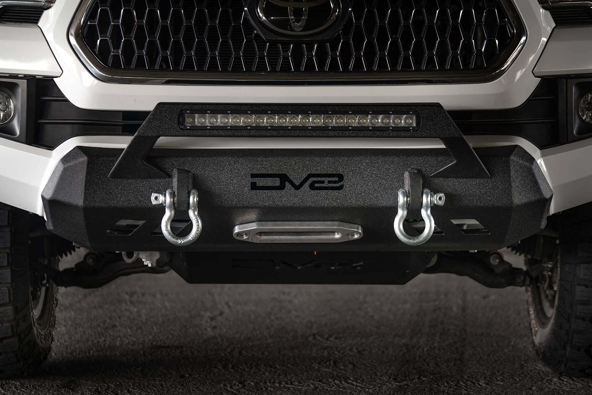 FBTT1-05 DV8 Offroad | Front Bumper fits 2016-2021 Toyota Tacoma | Center Inlay Only | Winch Mount Included | Bull Bar | Strategic Airflow Cutouts | Welded Light Tabs, Black