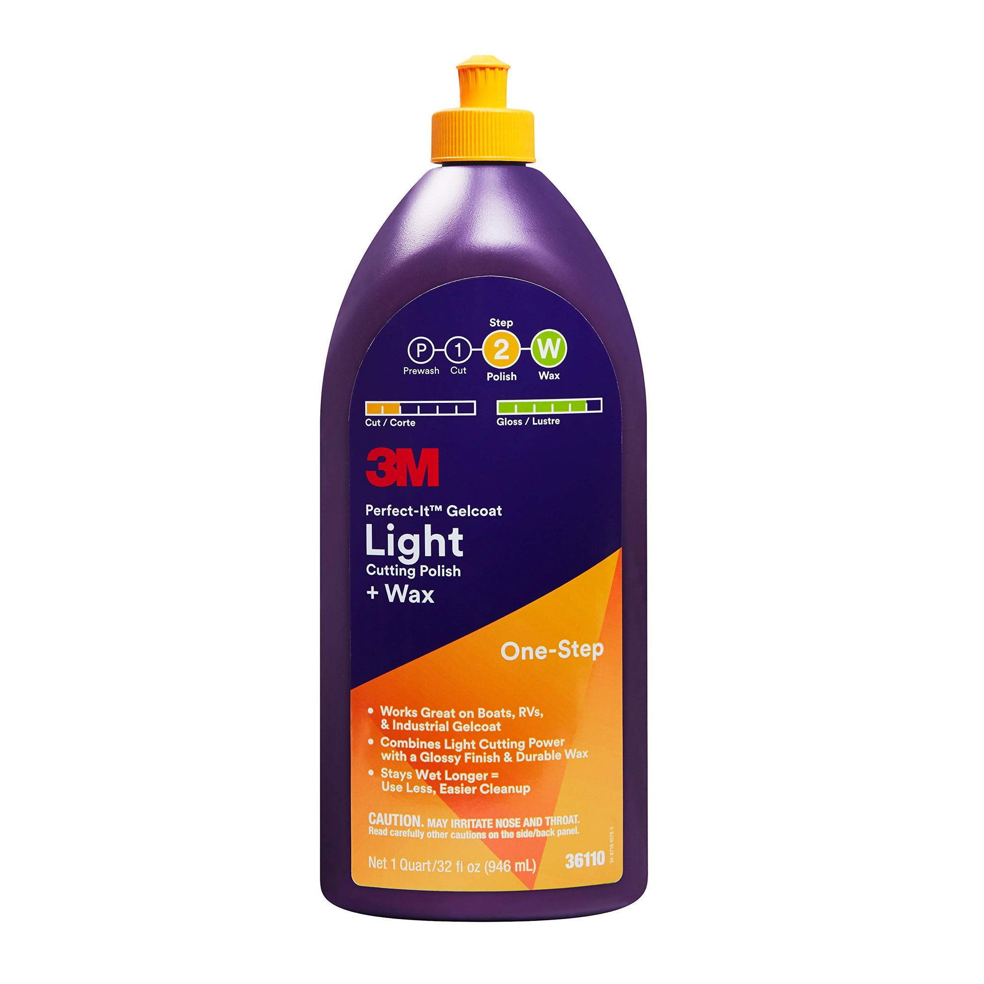 3M Perfect-It Light Cutting Gelcoat Polish + Wax, 36110, 1 Quart, One-Step Process, Removes Scratches and Swirls, Light Oxidation Remover for Boats and RVs