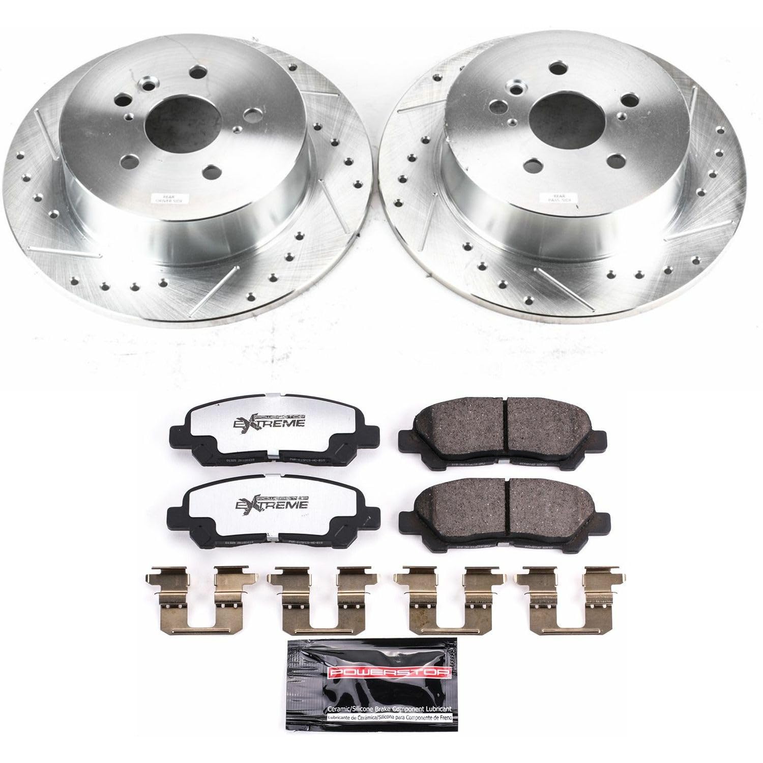 Rear Brake Kit Power Stop For 2008 2009 2010 2011 2012 2013 Toyota Highlander - Truck & Tow Carbon Fiber Ceramic Brake Pads & Drilled and Slotted Rotors Replacement, K4714-36