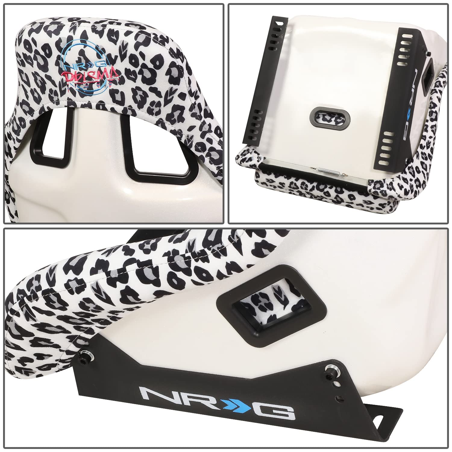 NRG Innovations Prisma Fixed Back Bucket Racing Seat NRG-FRP-302-WT-SAVAGE with Bottom Mount Bracket, White Savage Leopard Print Fabric/White Pearl Back, 24" W X 36" H X 18" D