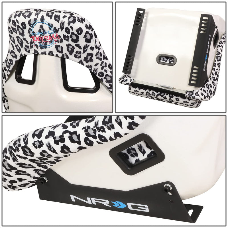 NRG Innovations Prisma Fixed Back Bucket Racing Seat NRG-FRP-302-WT-SAVAGE with Bottom Mount Bracket, White Savage Leopard Print Fabric/White Pearl Back, 24" W X 36" H X 18" D