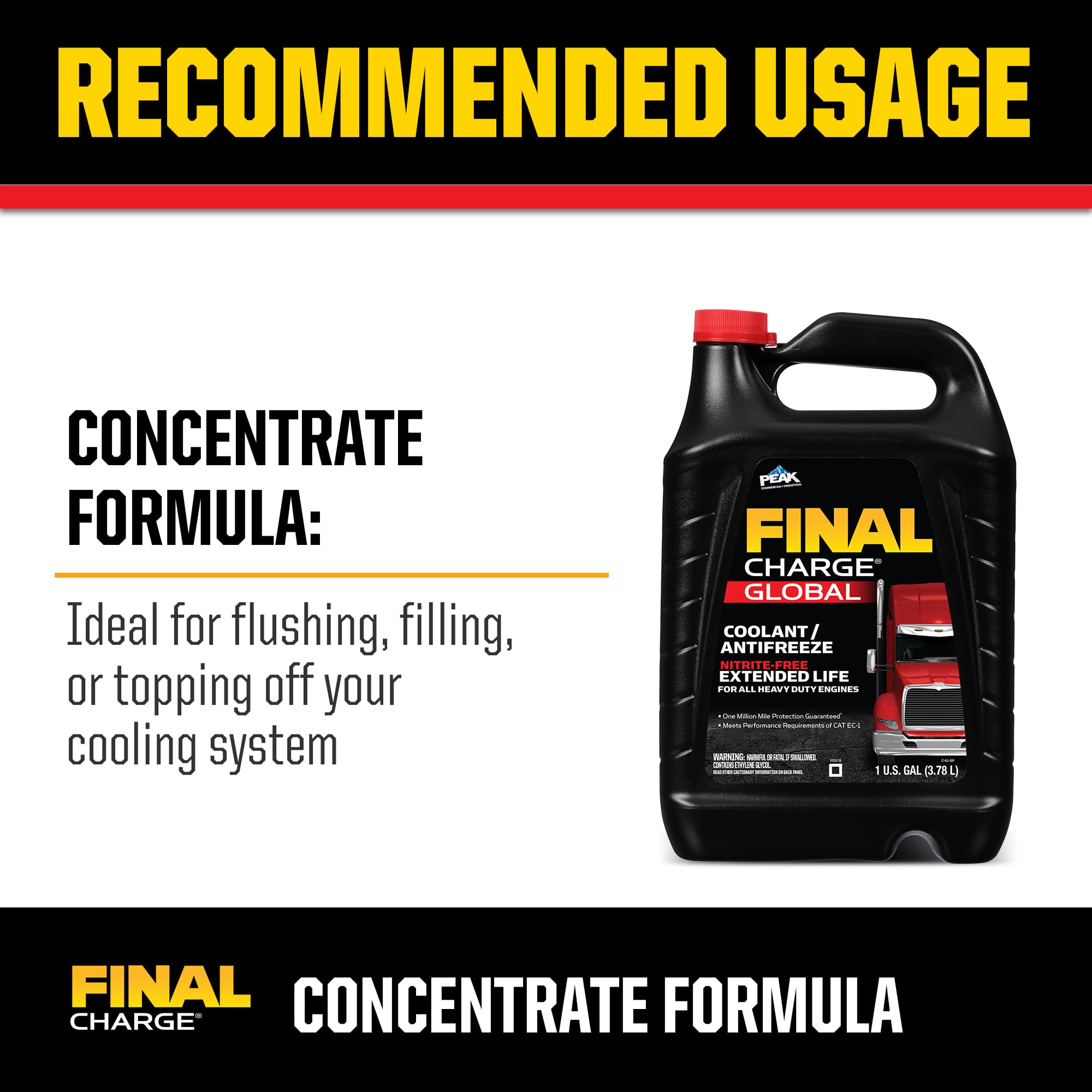 FINAL CHARGE PEAK Global Extended Life Concentrate Antifreeze/Coolant for All Heavy Duty Engine Cooling Systems, 1 Gal.
