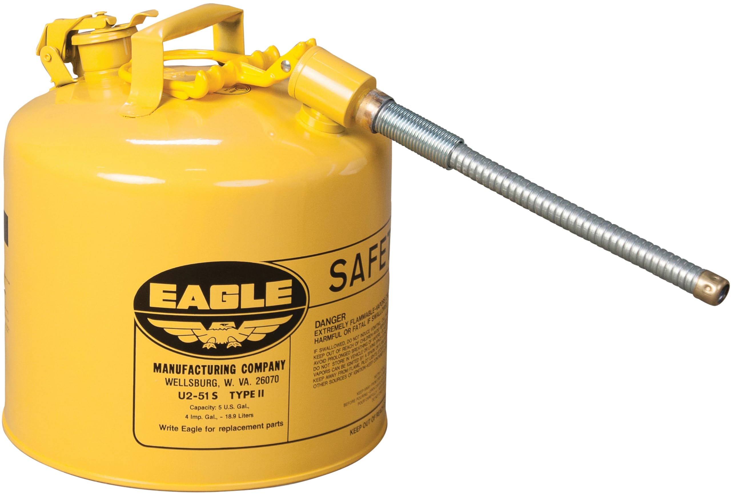 Eagle 5 Gallon Yellow Type II Safety Gas Can for Diesel with Flame Arrester, Self-Closing Lid, and 12" x 5/8" Flexible Metal Hose, Made in the USA, Galvanized Steel Flammable Storage Can, U251SX5Y