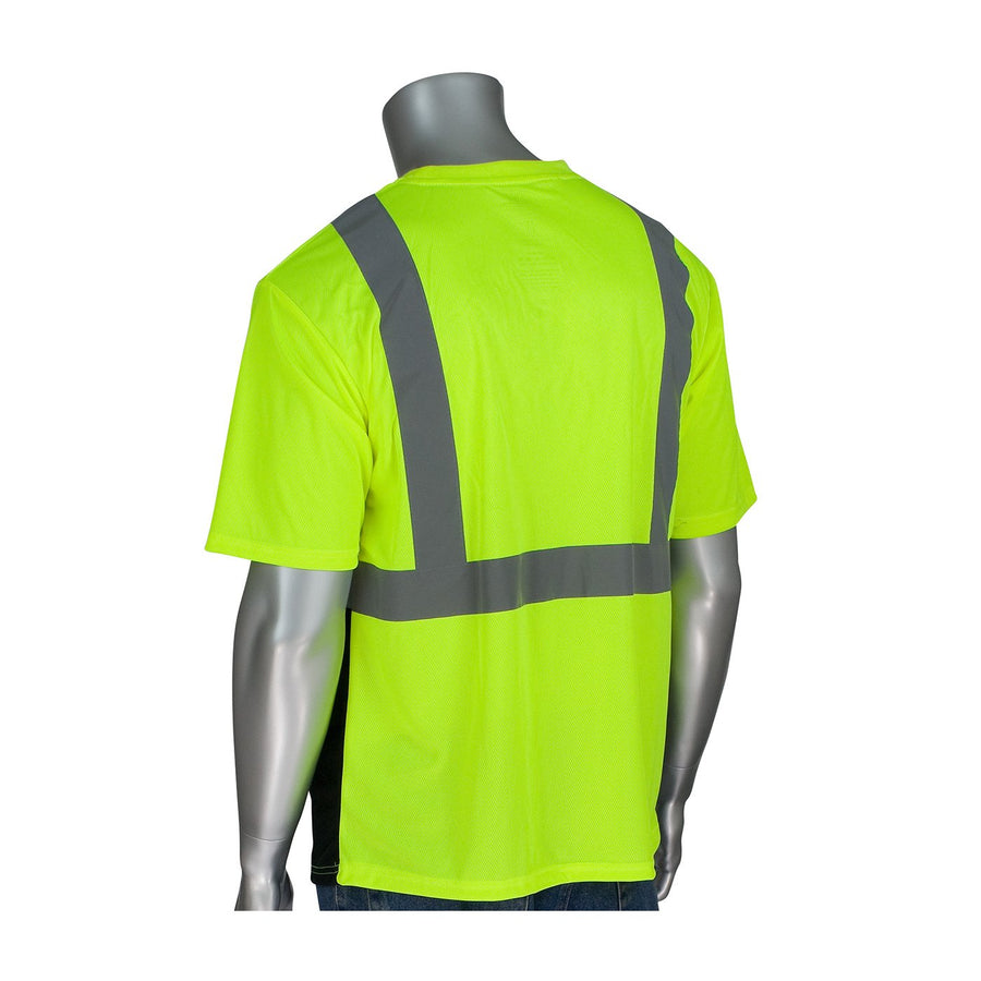 PIP Short Sleeve ANSI Type R Class 2 T-Shirt with 50+ UPF Sun Protection and Black Bottom Front 312-1250B Hi-Vis Yellow 4XL