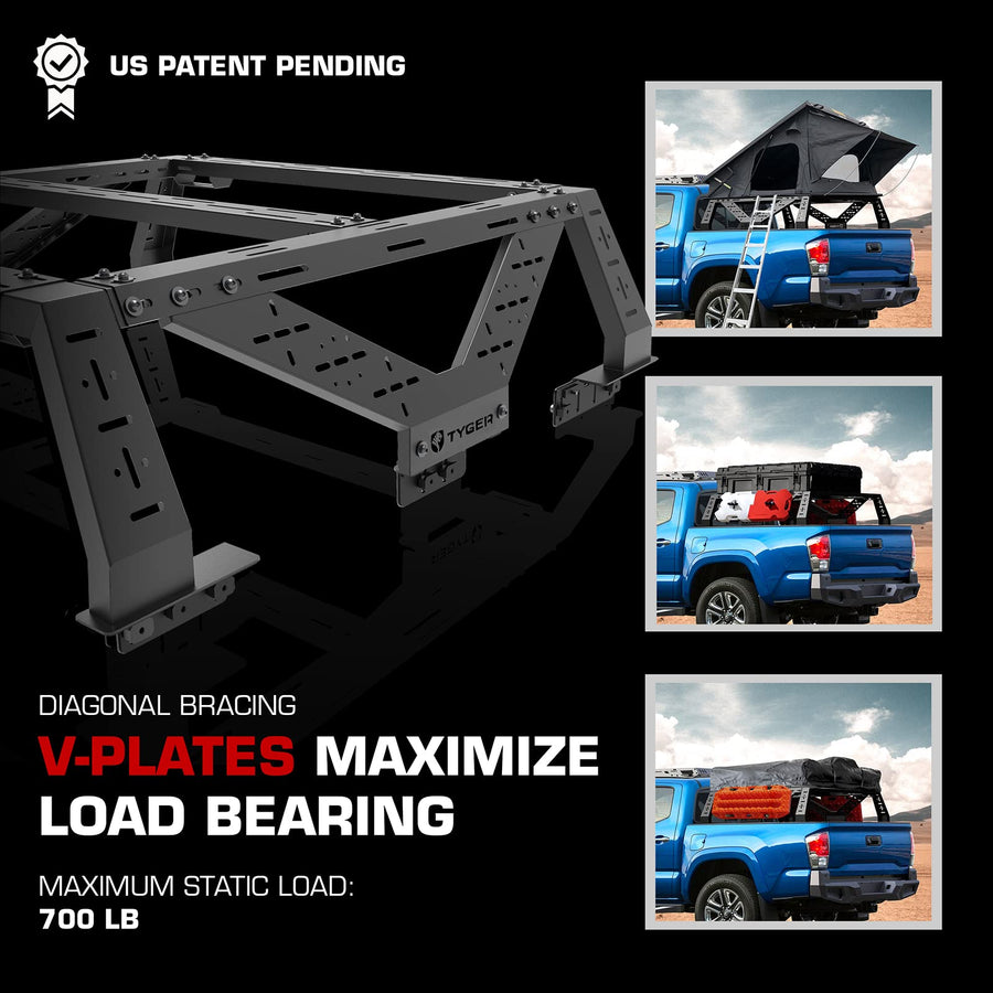 Tyger Auto Overland Plate Style Bed Rack for Mid-Size Pickup Trucks | Compatible with Tacoma, Ranger, Gladiator, Colorado, Canyon (See Image for Size Chart) | TG-BK2U55347