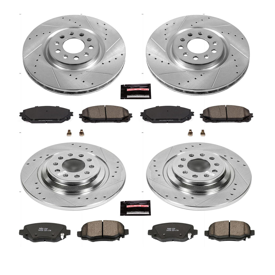 Power Stop K7415 Z23 Carbon Fiber Brake Pads Front and Rear with Drilled and Slotted Brake Rotors Kit For 2017 2018 2019 2020 2021 Jeep Cherokee