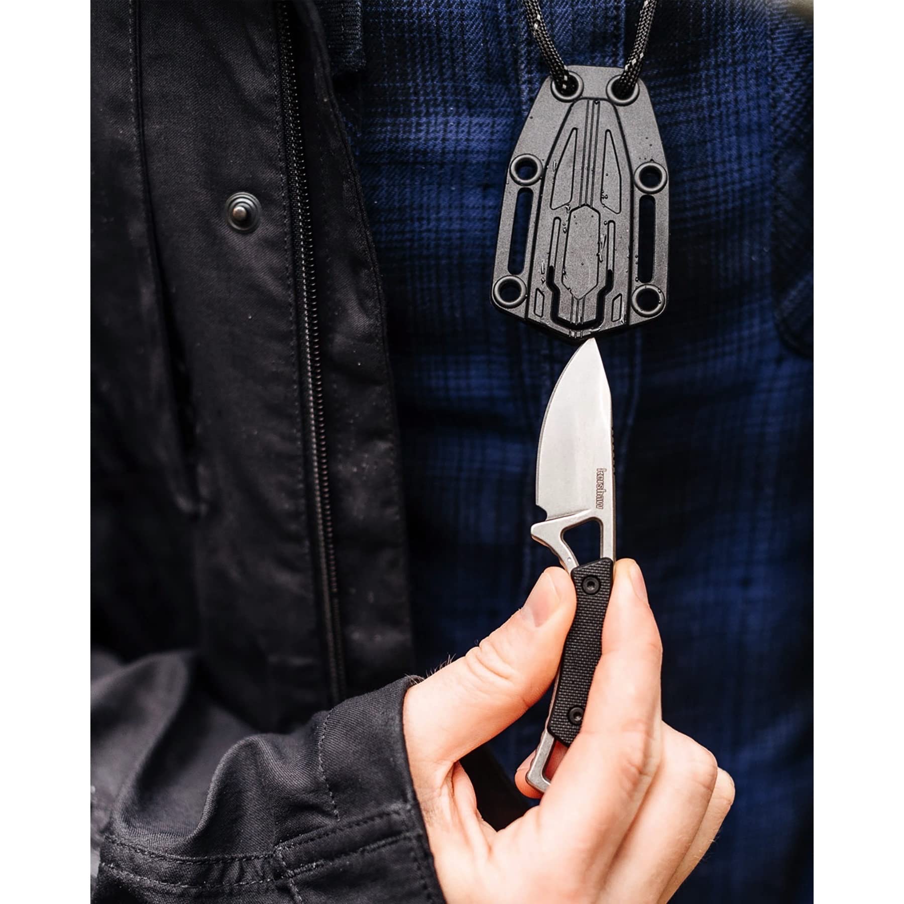 Kershaw Drop Point Brace Pocket Knife, 2-in. Blade, Molded Neck Sheath, Fixed Blade (2085), Black