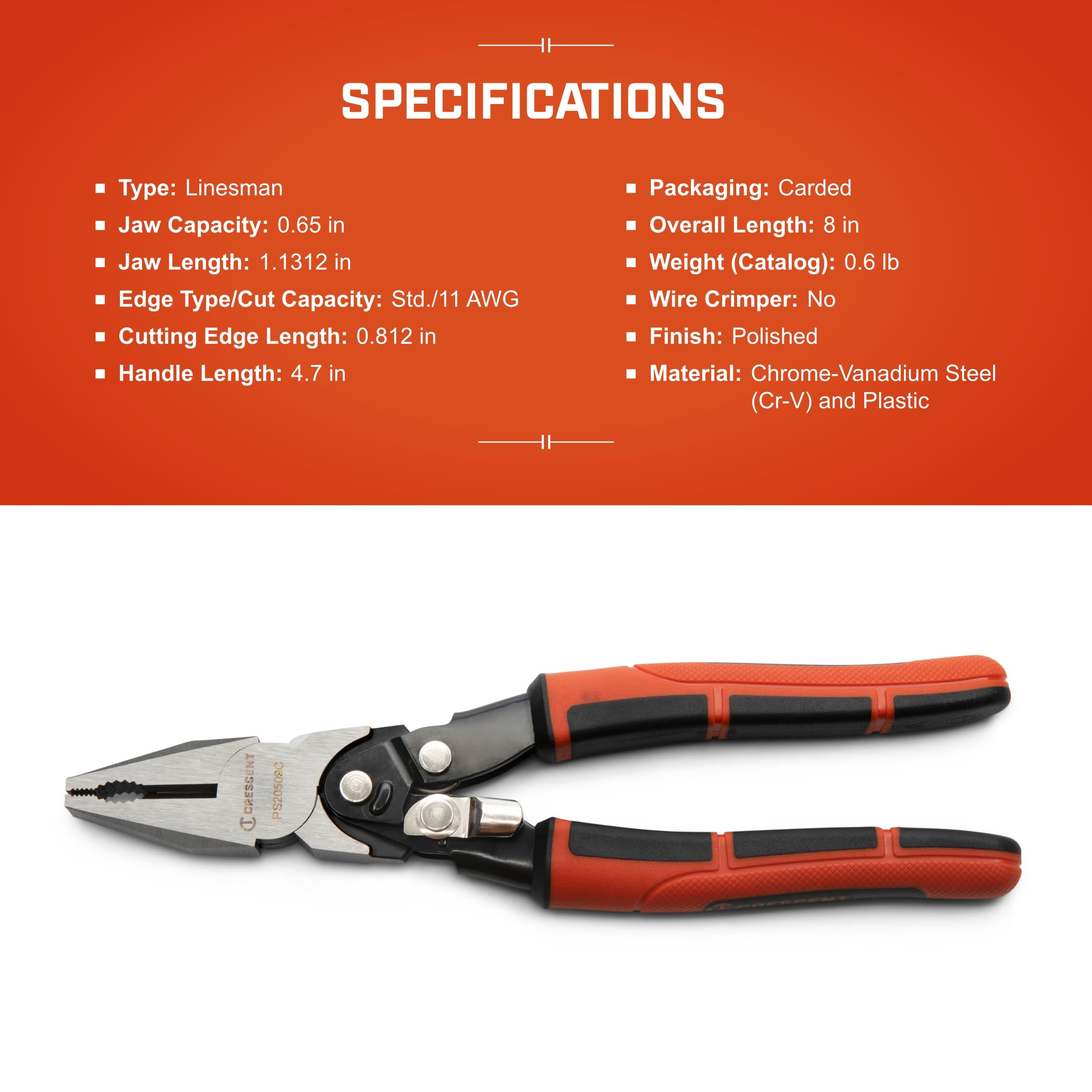 8" Crescent Pro Series Dual Material Lineman's Compound Action Cutting Pliers - PS20509C