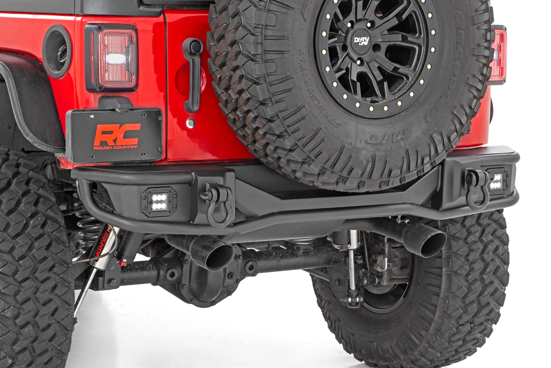 Rough Country Rear Tubular Bumper with LED Lights for Jeep Wrangler JK & Unlimited (2007-2018) - Includes Dual 2" Flush Mount LED Cubes, D-Rings